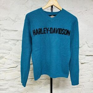 Vintage Harley Davidson Riding Knit Spellout V-Neck Turquoise Sweater Womens Sm